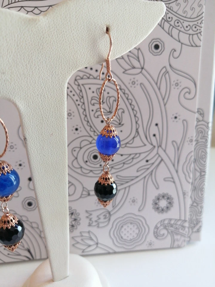 Orecchini Pendenti Donna Argento 925 rosé Pietre naturali Onice agata blu - Immagine 4 di 4