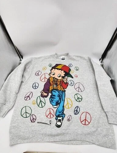 Sudadera Vintage 1993 Betty Boop Hip Hop Peace Out Gris 2 Caras Talla XL-Tultex Foto 2 de 4