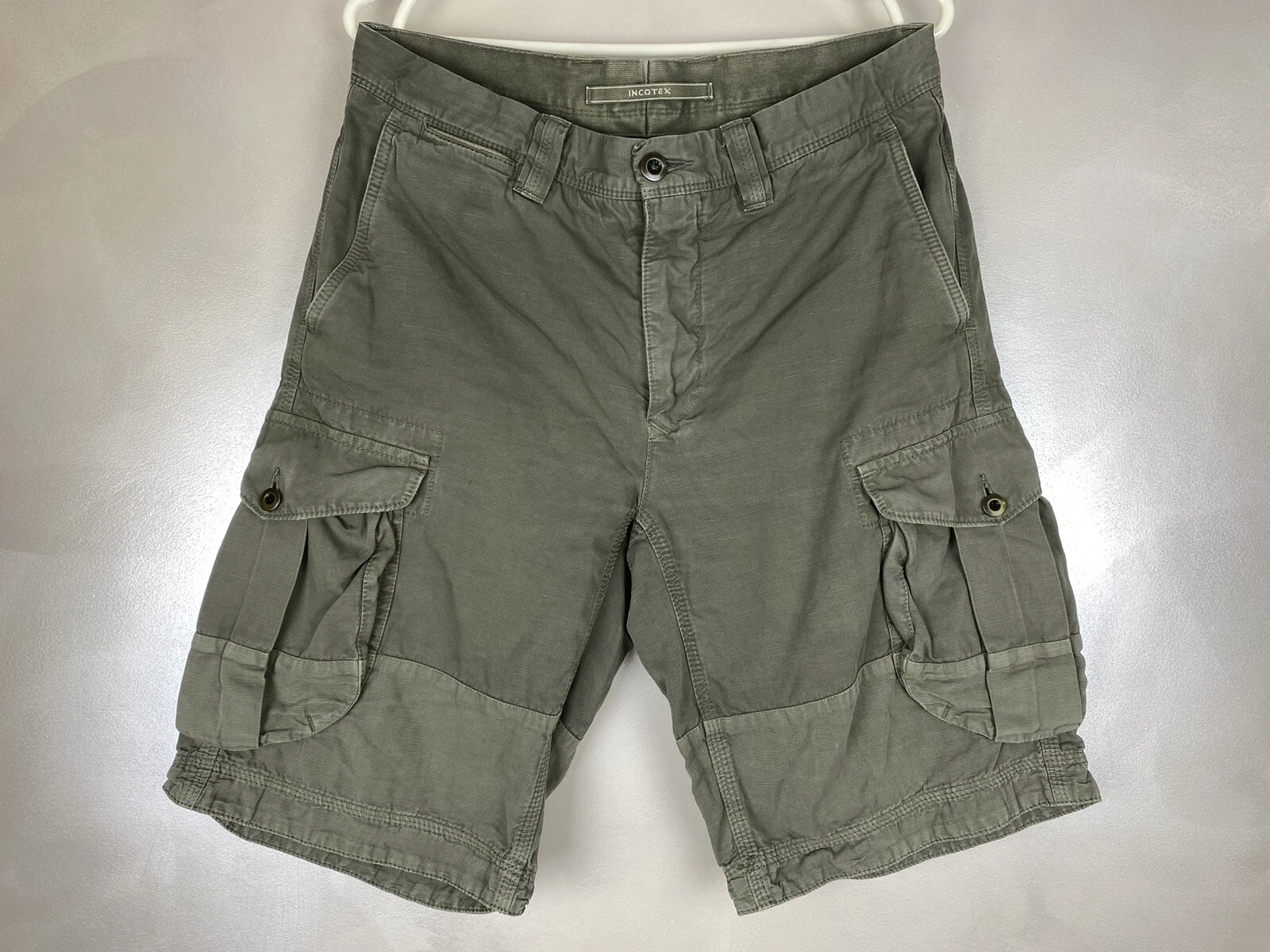 INCOTEX Mens Slacks Cargo Shorts Linen Cotton Gray Green Size 32 Auth Rare