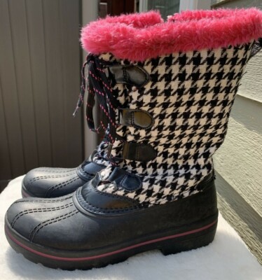 Ozark Trail Girl's Winter/Rain Boots Size 5 Black White Houndstooth Plaid Pink