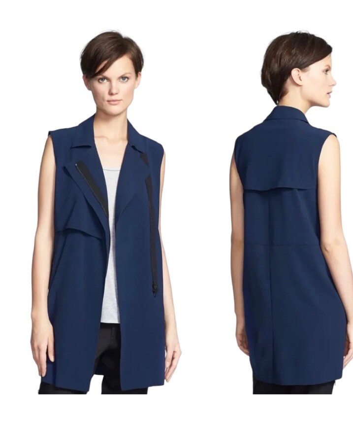 VINCE Laser Cut Trench Vest Zip Front Navy Size Small retail $325