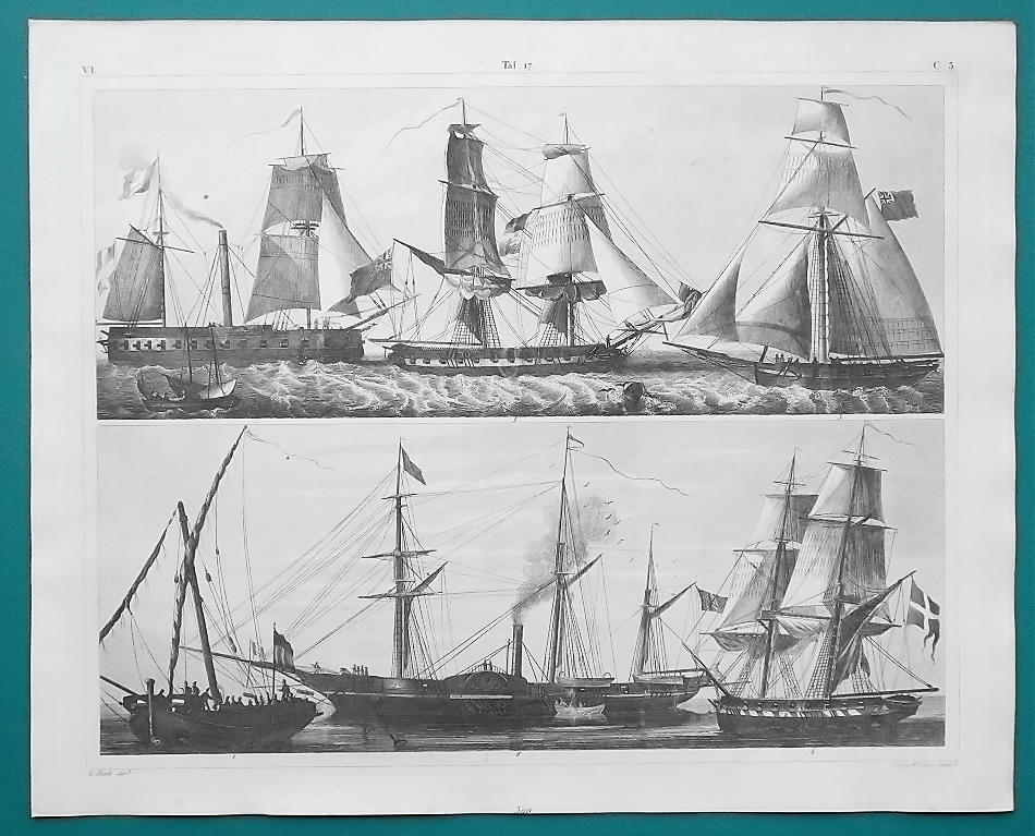 SHIPS Gun Boats Steam Propeller War Cutter Brig - 1844 Superb Print