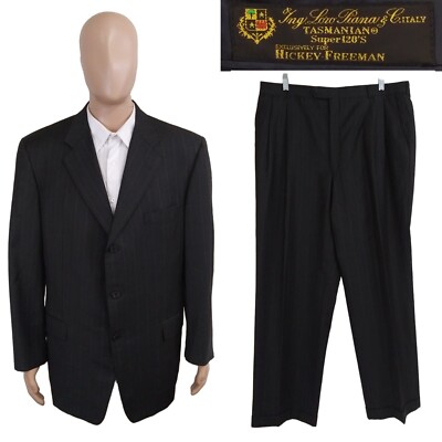 Hickey Freeman Two Piece Loro Piana Super 120s Gray Stripe Wool Suit 44R 35X29.5