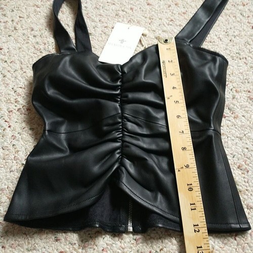 Shabby Chic Faux Leather Weather Tank Top XS Black Wide Strap Ruched Goth New - Picture 8 of 8