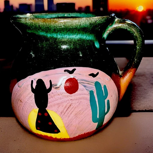 VTG. HandMade Mug Crude Santa Fe Design A Woman’s Story Red ware Glazed Decor