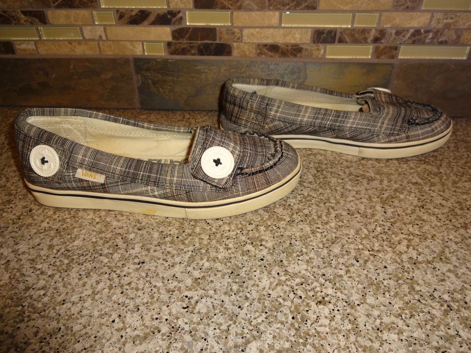 Scarpe basse donna taglia 5 VANS giovani taglia 3 tessuto a quadri nero abbronzato bottoni ancoraggio