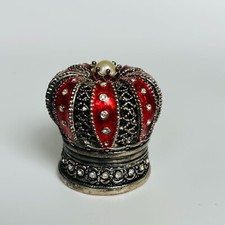 Red Enamel and Rhinestone Crown Style Decorative Hinged Jewelry Trinket Box