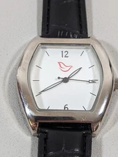 White Dial Pink Dove Bird Silver Tone Rectangle Case Black Faux Band Watch