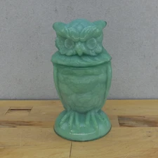 Summit/Imperial Glass Owl Jar Arthor Lorch Jadeite Slag Glass 6.5"