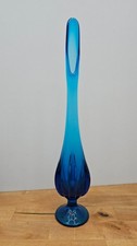 Vintage Mid Century Blue Swung Glass Vase Vik...