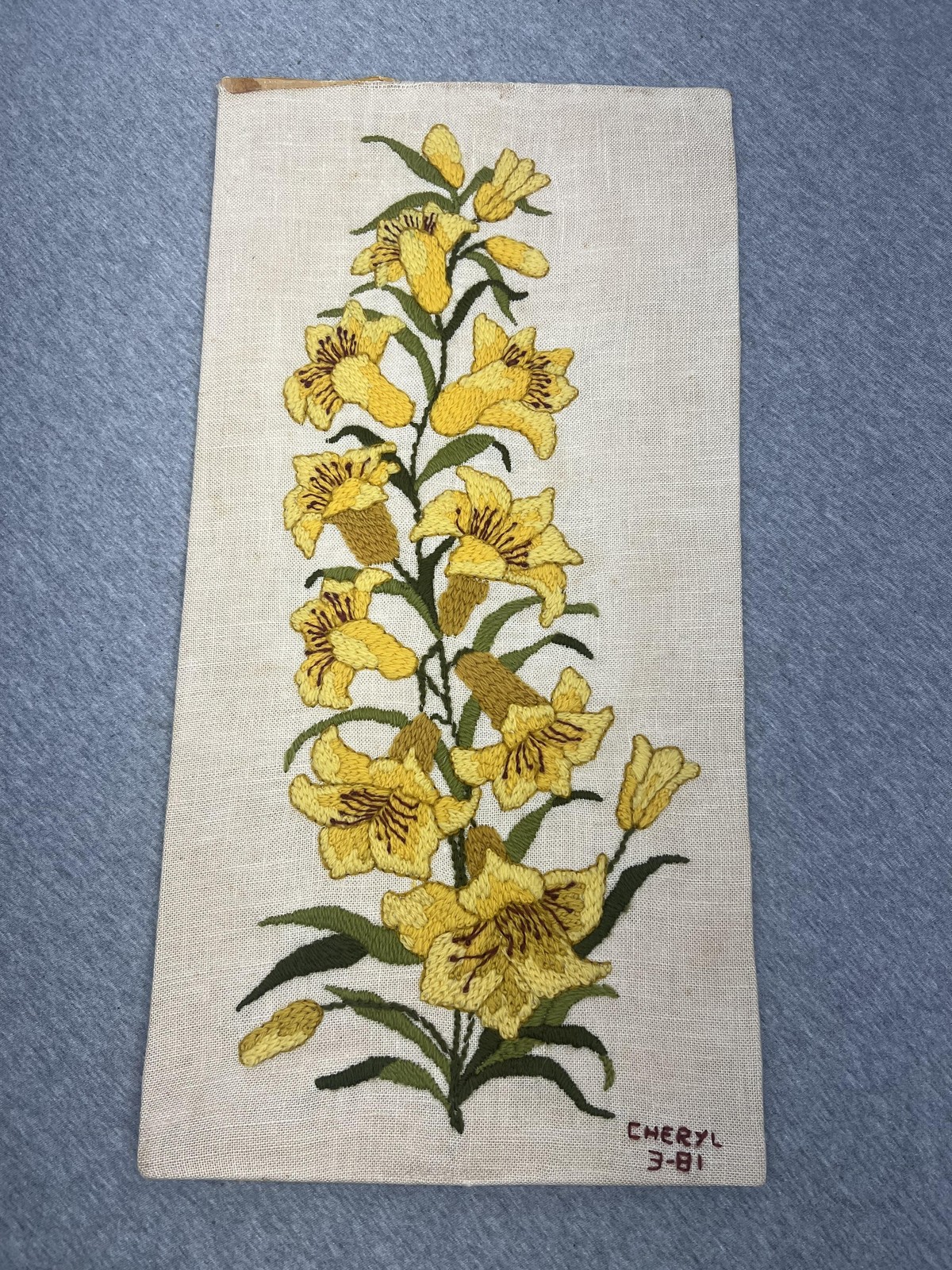 Vintage Cheryl Yellow Flower Embroidery Linen Wool Tapestry Wall Art Signed
