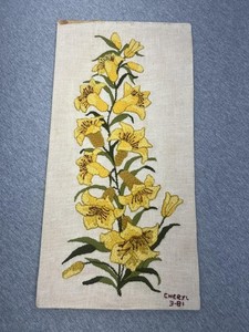 Vintage Cheryl Yellow Flower Embroidery Linen Wool Tapestry Wall Art Signed