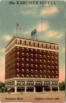#ad KARCHER HOTEL Waukegan Illinois Chicago Loop Beacon Light Ontario Postcard $19.90