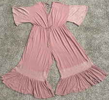 Davi & Dani Romper Mauve Pink Tie Back Boho Sz 3X Wide Leg Smocked Ruffle AC04