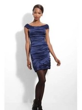 Alice + Olivia Ruched Off-Shoulder Mini Dress in Navy