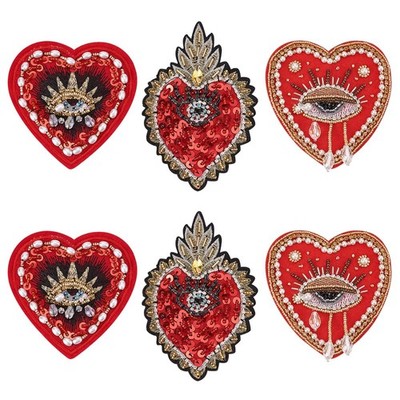 6 PCS Red Evil Eye Heart Beaded Rhinestone Patch Applique Sew On Clothing DIY