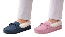 Women's Lodgemok Moccasin Slipper Size 3-7 Comfy Leather Faux Fur Slip On