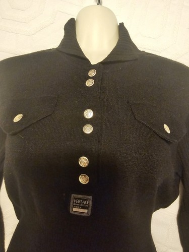 Versace Jeans Couture, Versace Jeans Couture Black Knit Sweater Long Sleeve Button Front Pockets y2k