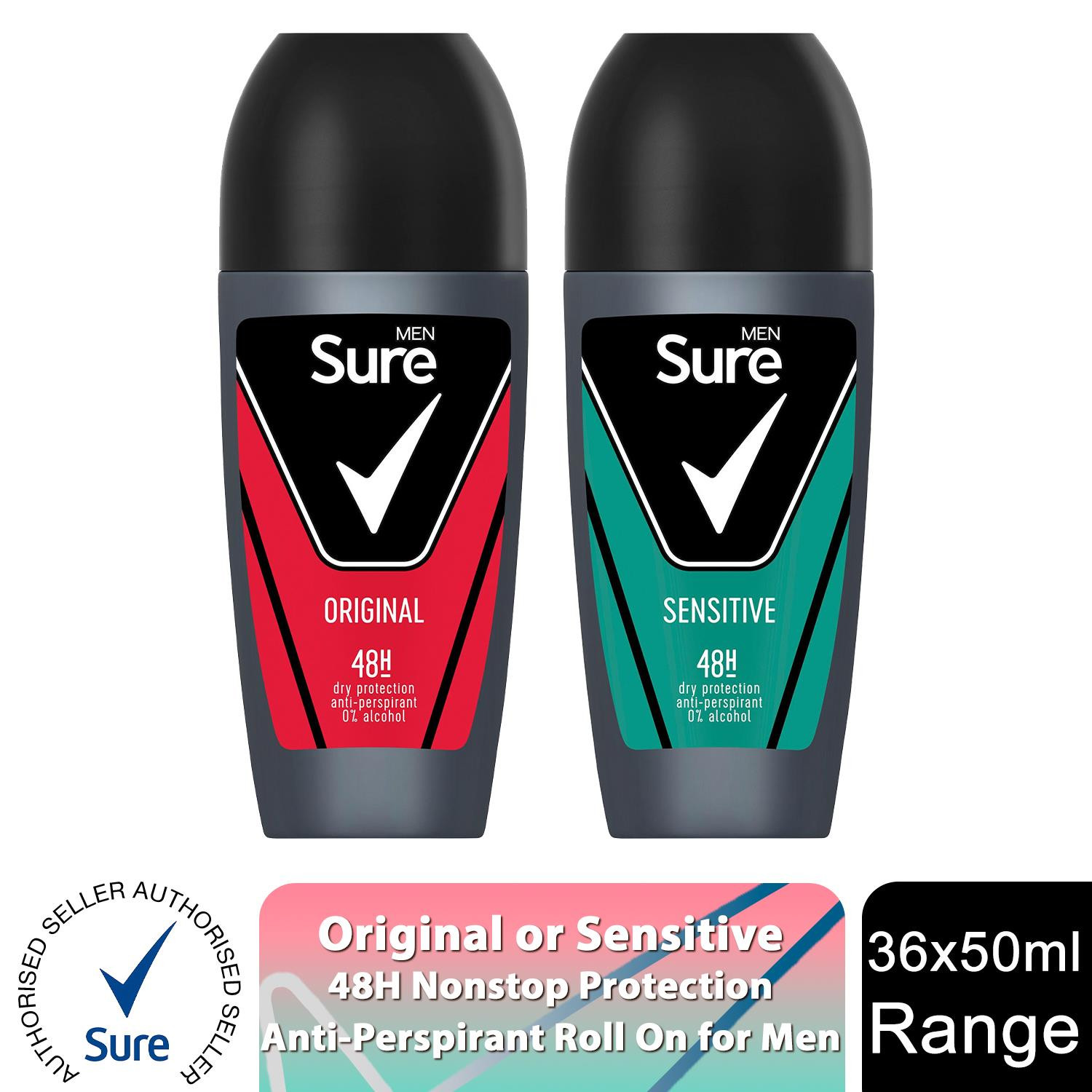 Sure Men Antiperspirant 48H Protection Roll On Deo Original or Sensitive,36x50ml