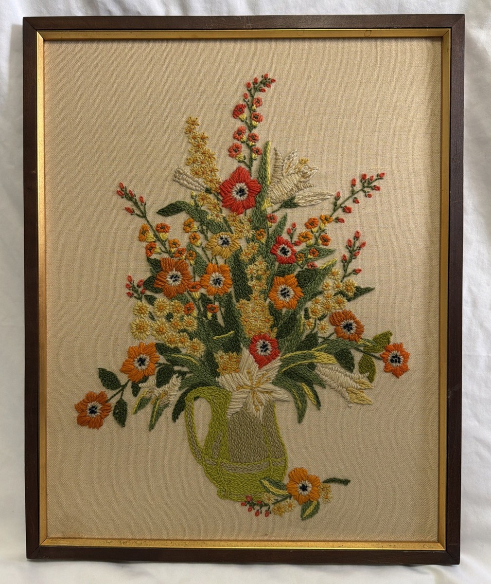Vtg 1970s Framed Crewel Floral Symphony Embroidery Needlepoint