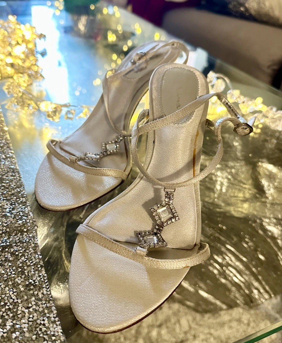 Nina Silver Glitter Strappy Heels for Evening Party, Size 8.5M