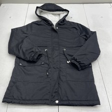 Black Hooded Full Zip Up Faux Fur Lined Pocket Front Jacket Women's Size Medium