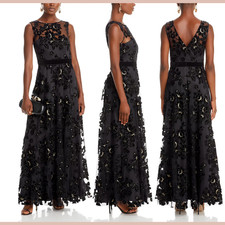 NWT $348 Eliza J [ 12 ] Mesh & Velvet Floral Flocked Tulle Gown Black #J2088