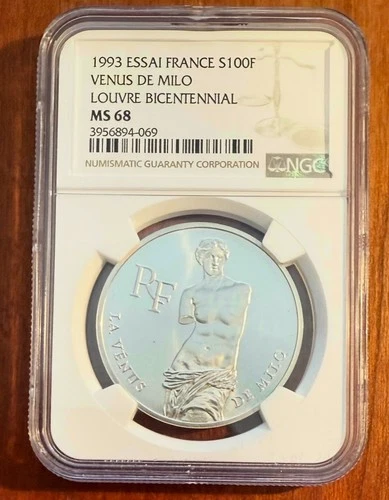 FRANCE "VENUS DE MILO" 1993 100 FRANC SILVER COIN, "ESSAI" NGC CERTIFIED MS68
