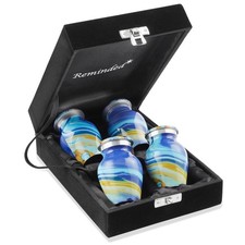 Keepsake Set of 4 Cremation Urns for Human Ashes, Blue Swirl with Velvet Case