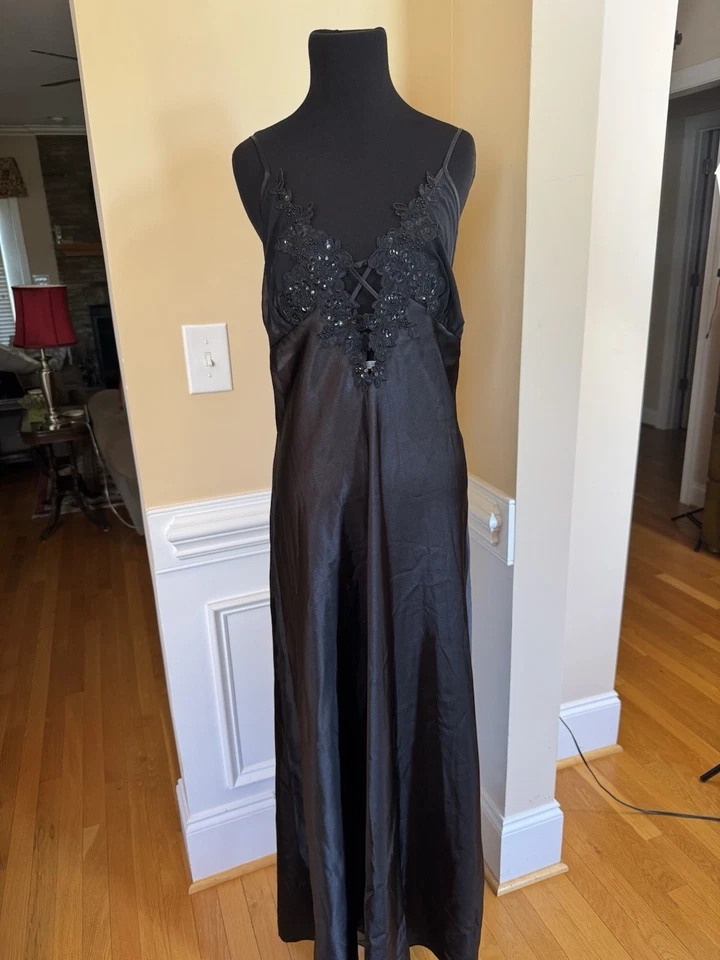 Camisola maxi longa de renda acetinada vintage Shirley Of Hollywood lingerie deslizante completa G - Imagem 2 de 4