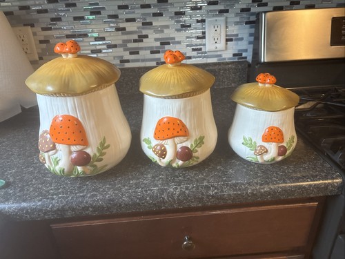 Arnel's Merry Mushrooms Canisters x 3 1970s Kitchen Storage Vintage Jars