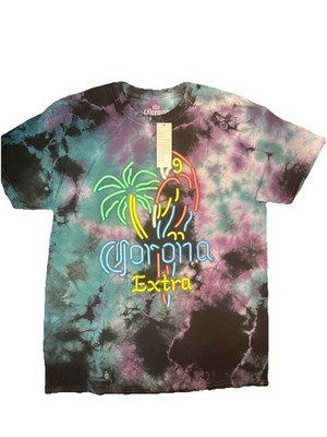 Corona Beer Tie Dye Tropical Neon Graphic w Parrot 100% Cotton T Shirt Size L