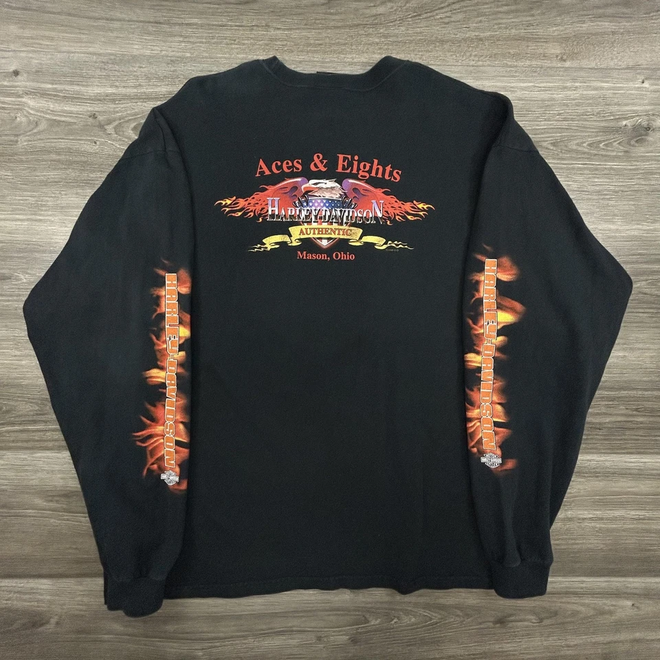 Vintage Harley-Davidson Shirt Mens 2XL Black Long Sleeve Flames Skater Y2K RARE - Image 2 of 4