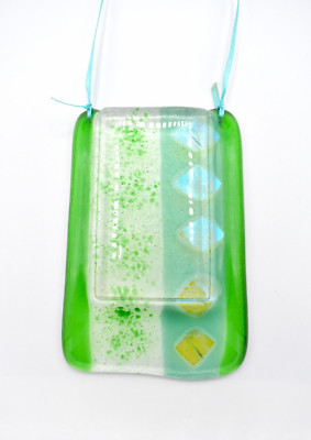 Fused Art Glass Wall Pocket Hanging Vase Shades of Green Clear Iridescent Accent