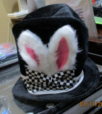 Alice Wonderland Mad Hatter Halloween hat w/plush ears checkered bow Cosplay