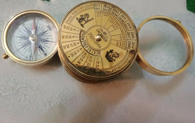 Antik Vintage Messing 100 Jahre Kalender Lupe & Kompass Nautisches Geschenk