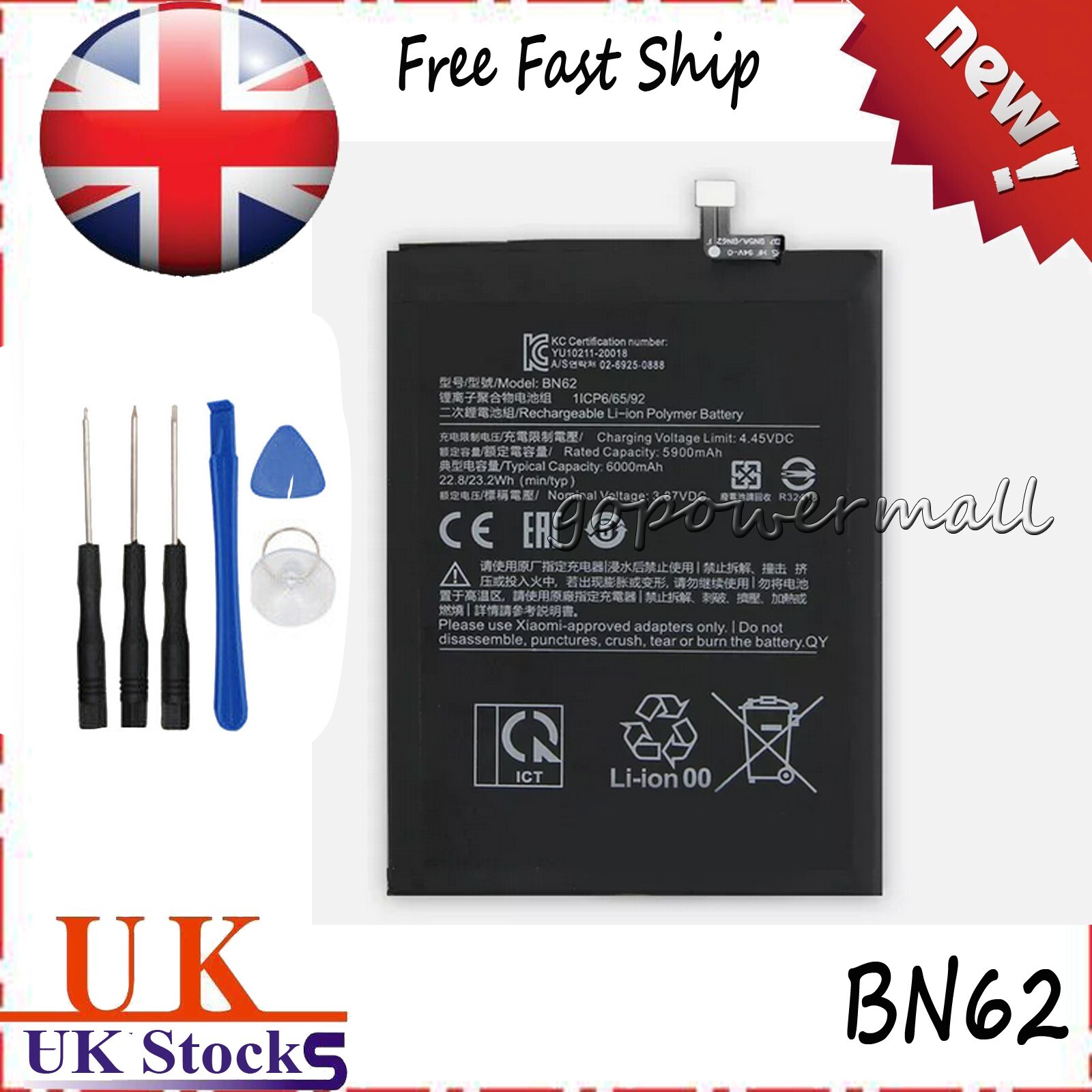 New 6000mAh BN62 Replacement Battery For Xiaomi Pocophone Poco M3 Redmi 9T Tools
