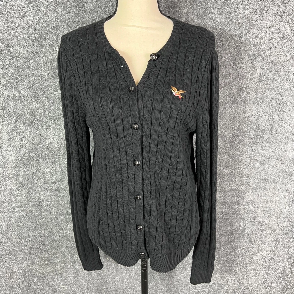 American Living Women s Long Sleeve Cable Knit Cardigan Black Button Up M NWT