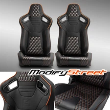 Pair of PVC Carbon Fiber Leather Reclinable Racing Seats W/Silders Orange+Black