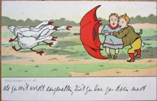 Children Defend From Geese w/Red Umrella 1906 Color Litho Postcard