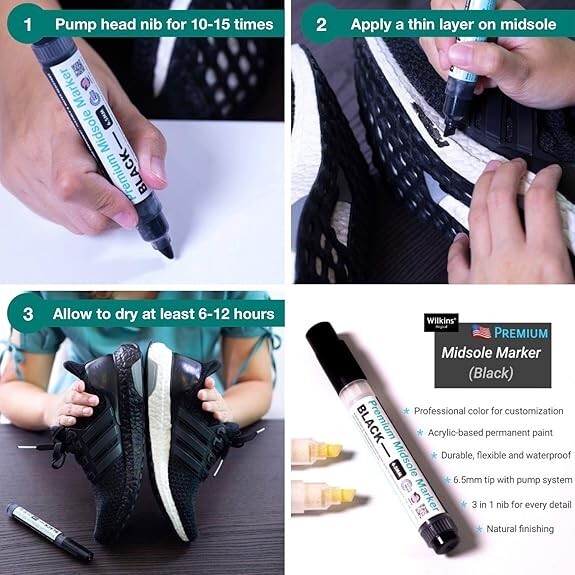 Wilkins 9.5 Black Dye Acrylic Midsole Marker Permanent Shoe Paint Pen