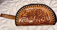 VINTAGE HANDTOOLED COIN PURSE - LEATHER THONGING DETAIL - ZIP CLOSURE
