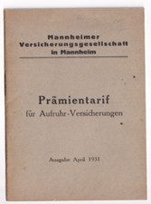 AUFRUHR DEUTSCHLAND 1931: AUFRUHR - VERSICHERUNG PR&Auml;MIENTARIF Gefahren Regionen