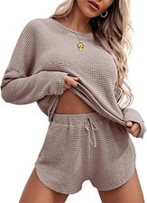 Womens 2 Piece Outfits Sets Fall Long Sleeve Waffle T Shirt and Pants Lounge Set