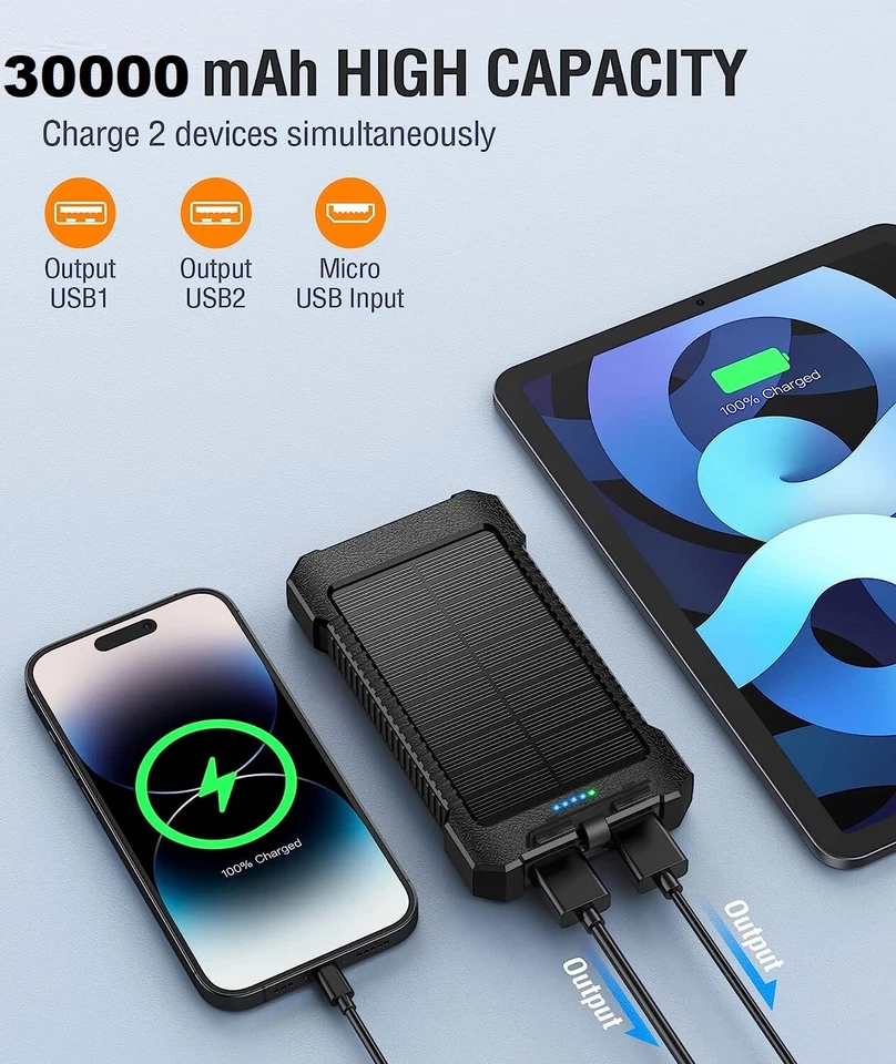 2025 Super 30000mAh USB Portable Charger Solar Power Bank for Cell Phone Gift - Image 2 of 4