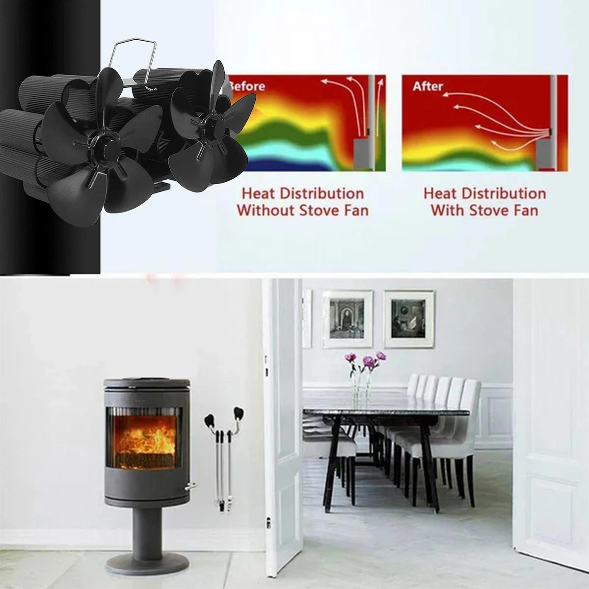 10 Dual Head Heat Powered Wood Stove Fan Fireplace Furnace Air Blower tu1  6Y2E | eBay