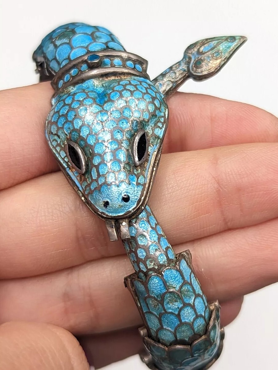 Vintage Signed Alba Mexico 925 Sterling Silver Blue Enamel Snake