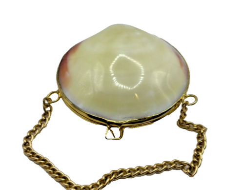 antique mother of pearl clam shell mini purse with gold tone metal handle