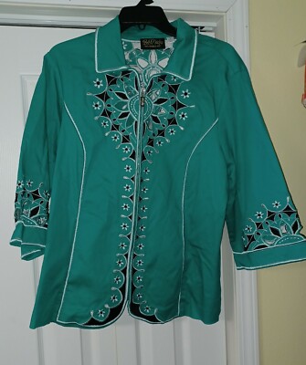 Bob Mackie Wearable Art jade green embroidered / cut out/ jacket size 1X.