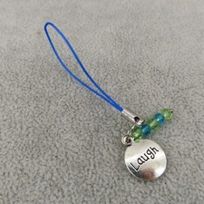 LAUGH Cell Phone Charm Strap Antique Silver Tone Crystal Beads Blue Green Bling